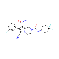 N#Cc1c(-c2cccc(F)c2)c(C(N)=O)c2n1CCN(C(=O)NC1CCC(F)(F)CC1)C2 ZINC000223376467