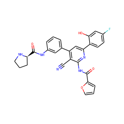 N#Cc1c(-c2cccc(NC(=O)[C@H]3CCCN3)c2)cc(-c2ccc(F)cc2O)nc1NC(=O)c1ccco1 ZINC000053294007
