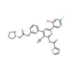 N#Cc1c(-c2cccc(NC(=O)C[C@@H]3CCCN3)c2)cc(-c2ccc(F)cc2O)nc1NC(=O)c1ccco1 ZINC000053294651