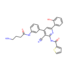 N#Cc1c(-c2cccc(NC(=O)CCCN)c2)cc(-c2ccccc2O)nc1NC(=O)c1cccs1 ZINC000049808319