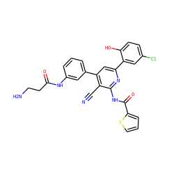 N#Cc1c(-c2cccc(NC(=O)CCN)c2)cc(-c2cc(Cl)ccc2O)nc1NC(=O)c1cccs1 ZINC000049803438