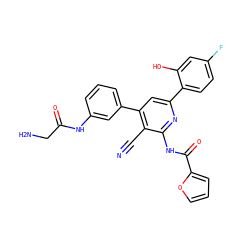 N#Cc1c(-c2cccc(NC(=O)CN)c2)cc(-c2ccc(F)cc2O)nc1NC(=O)c1ccco1 ZINC000053314241