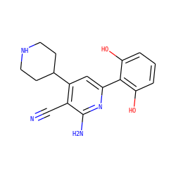 N#Cc1c(C2CCNCC2)cc(-c2c(O)cccc2O)nc1N ZINC000028350314