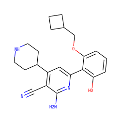 N#Cc1c(C2CCNCC2)cc(-c2c(O)cccc2OCC2CCC2)nc1N ZINC000028363181
