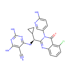 N#Cc1c(N)nc(N)nc1N[C@H](c1nc2cccc(Cl)c2c(=O)n1-c1ccc(N)nc1)C1CC1 ZINC000220871514