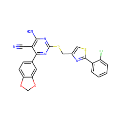 N#Cc1c(N)nc(SCc2csc(-c3ccccc3Cl)n2)nc1-c1ccc2c(c1)OCO2 ZINC000169312317