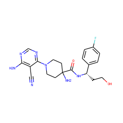N#Cc1c(N)ncnc1N1CCC(N)(C(=O)N[C@@H](CCO)c2ccc(F)cc2)CC1 ZINC000219317618