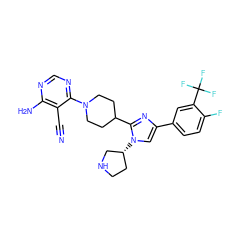 N#Cc1c(N)ncnc1N1CCC(c2nc(-c3ccc(F)c(C(F)(F)F)c3)cn2[C@@H]2CCNC2)CC1 ZINC000218698276