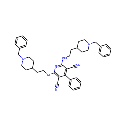 N#Cc1c(NCCC2CCN(Cc3ccccc3)CC2)nc(NCCC2CCN(Cc3ccccc3)CC2)c(C#N)c1-c1ccccc1 ZINC000096913145