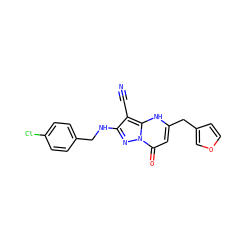 N#Cc1c(NCc2ccc(Cl)cc2)nn2c(=O)cc(Cc3ccoc3)[nH]c12 ZINC000473249361