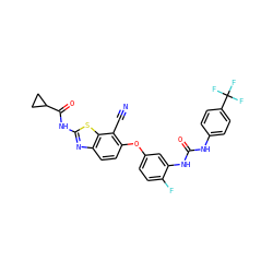 N#Cc1c(Oc2ccc(F)c(NC(=O)Nc3ccc(C(F)(F)F)cc3)c2)ccc2nc(NC(=O)C3CC3)sc12 ZINC000096169494