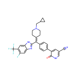 N#Cc1c[nH]c(=O)c(-c2ccc(C(=C3CCN(CC4CC4)CC3)c3nc4cc(F)c(C(F)(F)F)cc4[nH]3)cc2)c1 ZINC000038157855