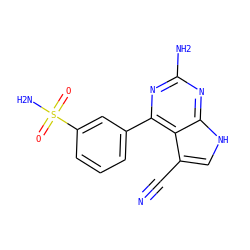 N#Cc1c[nH]c2nc(N)nc(-c3cccc(S(N)(=O)=O)c3)c12 ZINC001772588879