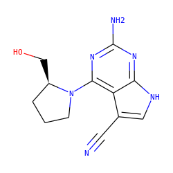 N#Cc1c[nH]c2nc(N)nc(N3CCC[C@H]3CO)c12 ZINC001772640650