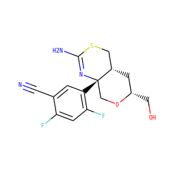 N#Cc1cc([C@]23CO[C@@H](CO)C[C@H]2CSC(N)=N3)c(F)cc1F ZINC000147749432