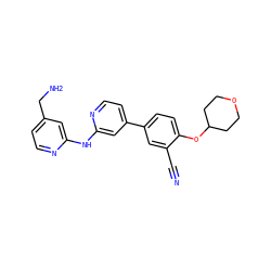 N#Cc1cc(-c2ccnc(Nc3cc(CN)ccn3)c2)ccc1OC1CCOCC1 ZINC000146588902
