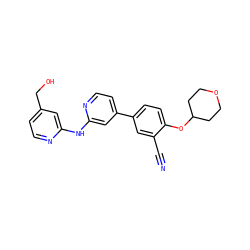 N#Cc1cc(-c2ccnc(Nc3cc(CO)ccn3)c2)ccc1OC1CCOCC1 ZINC000146555178