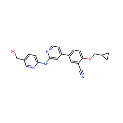 N#Cc1cc(-c2ccnc(Nc3ccc(CO)cn3)c2)ccc1OCC1CC1 ZINC000146566252