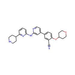 N#Cc1cc(-c2ccnc(Nc3cccc(C4CCNCC4)n3)c2)ccc1OC1CCOCC1 ZINC000219347682