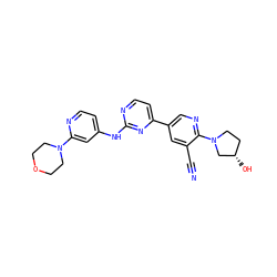 N#Cc1cc(-c2ccnc(Nc3ccnc(N4CCOCC4)c3)n2)cnc1N1CC[C@H](O)C1 ZINC000221004764