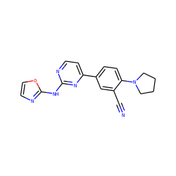 N#Cc1cc(-c2ccnc(Nc3ncco3)n2)ccc1N1CCCC1 ZINC000113826278