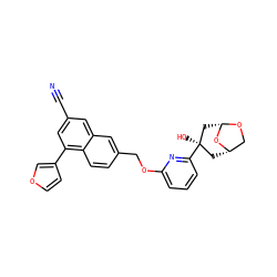 N#Cc1cc(-c2ccoc2)c2ccc(COc3cccc([C@]4(O)C[C@H]5CO[C@@H](C4)O5)n3)cc2c1 ZINC000013606264