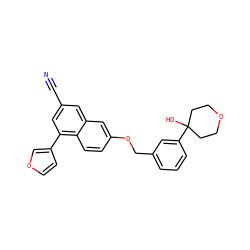 N#Cc1cc(-c2ccoc2)c2ccc(OCc3cccc(C4(O)CCOCC4)c3)cc2c1 ZINC000013606251
