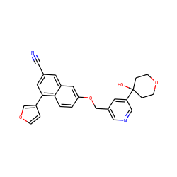 N#Cc1cc(-c2ccoc2)c2ccc(OCc3cncc(C4(O)CCOCC4)c3)cc2c1 ZINC000013606252