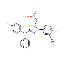 N#Cc1cc(-c2nc(C(c3ccc(F)cc3)c3ccc(F)cc3)sc2CC(=O)O)ccc1F ZINC000045388801