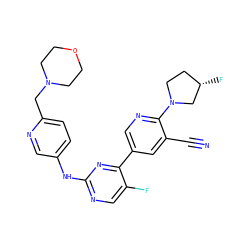 N#Cc1cc(-c2nc(Nc3ccc(CN4CCOCC4)nc3)ncc2F)cnc1N1CC[C@H](F)C1 ZINC001772632795