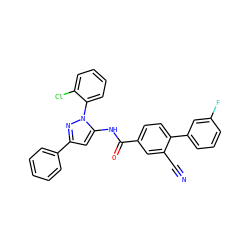 N#Cc1cc(C(=O)Nc2cc(-c3ccccc3)nn2-c2ccccc2Cl)ccc1-c1cccc(F)c1 ZINC000071341539