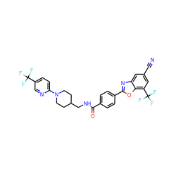 N#Cc1cc(C(F)(F)F)c2oc(-c3ccc(C(=O)NCC4CCN(c5ccc(C(F)(F)F)cn5)CC4)cc3)nc2c1 ZINC000066098799