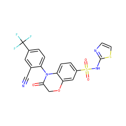 N#Cc1cc(C(F)(F)F)ccc1N1C(=O)COc2cc(S(=O)(=O)Nc3nccs3)ccc21 ZINC000220312789