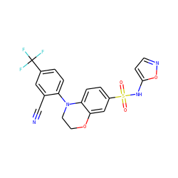 N#Cc1cc(C(F)(F)F)ccc1N1CCOc2cc(S(=O)(=O)Nc3ccno3)ccc21 ZINC000205724949