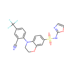 N#Cc1cc(C(F)(F)F)ccc1N1CCOc2cc(S(=O)(=O)Nc3ncco3)ccc21 ZINC000205732074