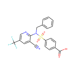 N#Cc1cc(C(F)(F)F)cnc1N(Cc1ccccc1)S(=O)(=O)c1ccc(C(=O)O)cc1 ZINC000299833402