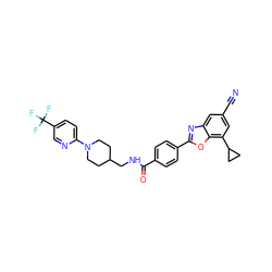 N#Cc1cc(C2CC2)c2oc(-c3ccc(C(=O)NCC4CCN(c5ccc(C(F)(F)F)cn5)CC4)cc3)nc2c1 ZINC000066098082