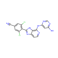N#Cc1cc(Cl)c(-c2nc3ccnc(Nc4cc(N)ncn4)c3[nH]2)c(Cl)c1 ZINC000144529963