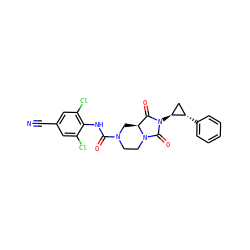 N#Cc1cc(Cl)c(NC(=O)N2CCN3C(=O)N([C@H]4C[C@@H]4c4ccccc4)C(=O)[C@@H]3C2)c(Cl)c1 ZINC000072105953
