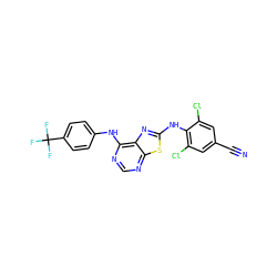 N#Cc1cc(Cl)c(Nc2nc3c(Nc4ccc(C(F)(F)F)cc4)ncnc3s2)c(Cl)c1 ZINC000040874644