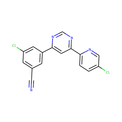 N#Cc1cc(Cl)cc(-c2cc(-c3ccc(Cl)cn3)ncn2)c1 ZINC000221100227