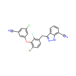 N#Cc1cc(Cl)cc(Oc2c(Br)ccc(Cc3n[nH]c4c(C#N)cccc34)c2F)c1 ZINC000040861702