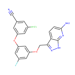 N#Cc1cc(Cl)cc(Oc2cc(F)cc(OCc3n[nH]c4nc(N)ccc34)c2)c1 ZINC000034891792
