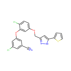 N#Cc1cc(Cl)cc(Oc2cc(OCc3cc(-c4cccs4)[nH]n3)ccc2Cl)c1 ZINC000068245358
