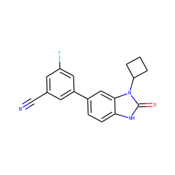N#Cc1cc(F)cc(-c2ccc3[nH]c(=O)n(C4CCC4)c3c2)c1 ZINC000028469232