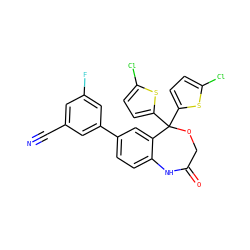 N#Cc1cc(F)cc(-c2ccc3c(c2)C(c2ccc(Cl)s2)(c2ccc(Cl)s2)OCC(=O)N3)c1 ZINC000042878714