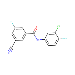 N#Cc1cc(F)cc(C(=O)Nc2ccc(F)c(Cl)c2)c1 ZINC000058626635