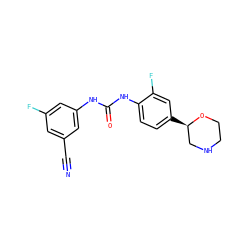 N#Cc1cc(F)cc(NC(=O)Nc2ccc([C@@H]3CNCCO3)cc2F)c1 ZINC000149922923