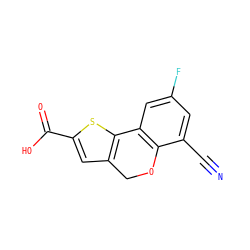N#Cc1cc(F)cc2c1OCc1cc(C(=O)O)sc1-2 ZINC000653714208