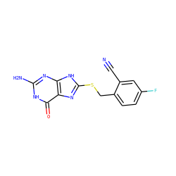 N#Cc1cc(F)ccc1CSc1nc2c(=O)[nH]c(N)nc2[nH]1 ZINC000653895036